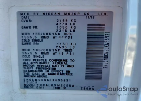 2020 Nissan Nv200 2.5S z USA, uszkodzony, nr VIN 3N6CM0KN6LK695931